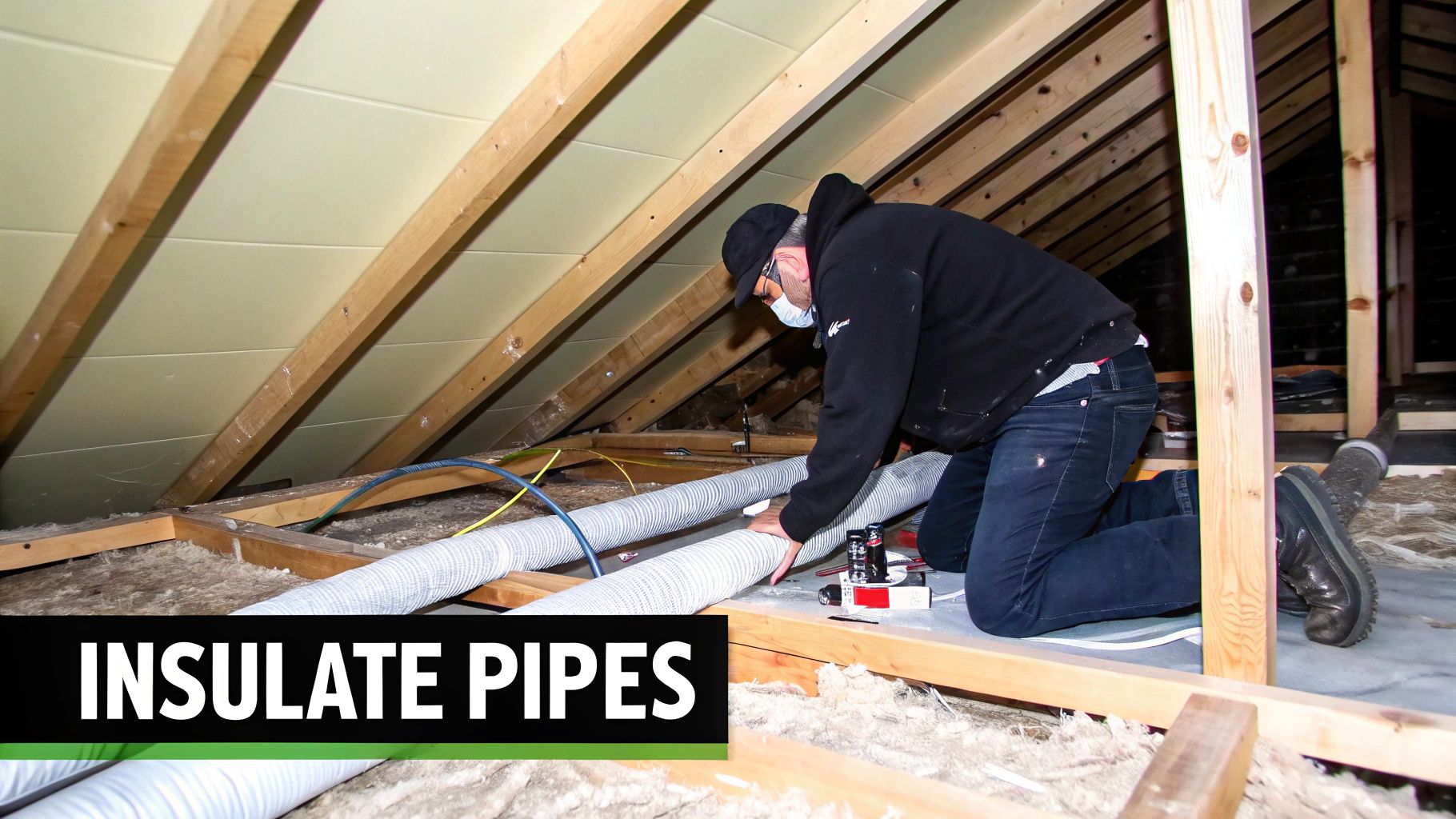 A worker in an attic kneels, wearing a mask and cap, installing insulation on flexible pipes.