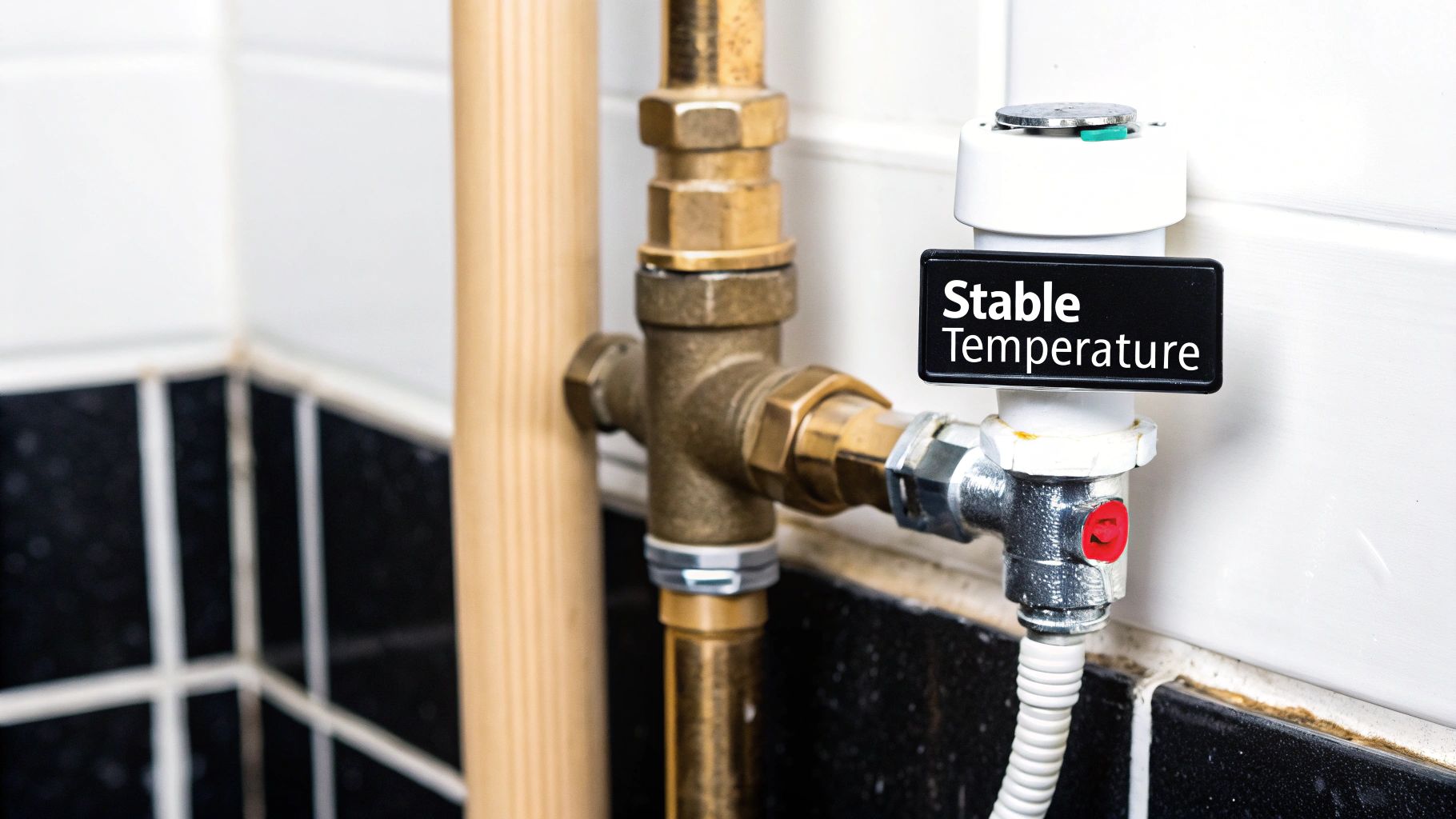 Close-up of brass plumbing pipes connected to a thermostatic valve ensuring stable water temperature.