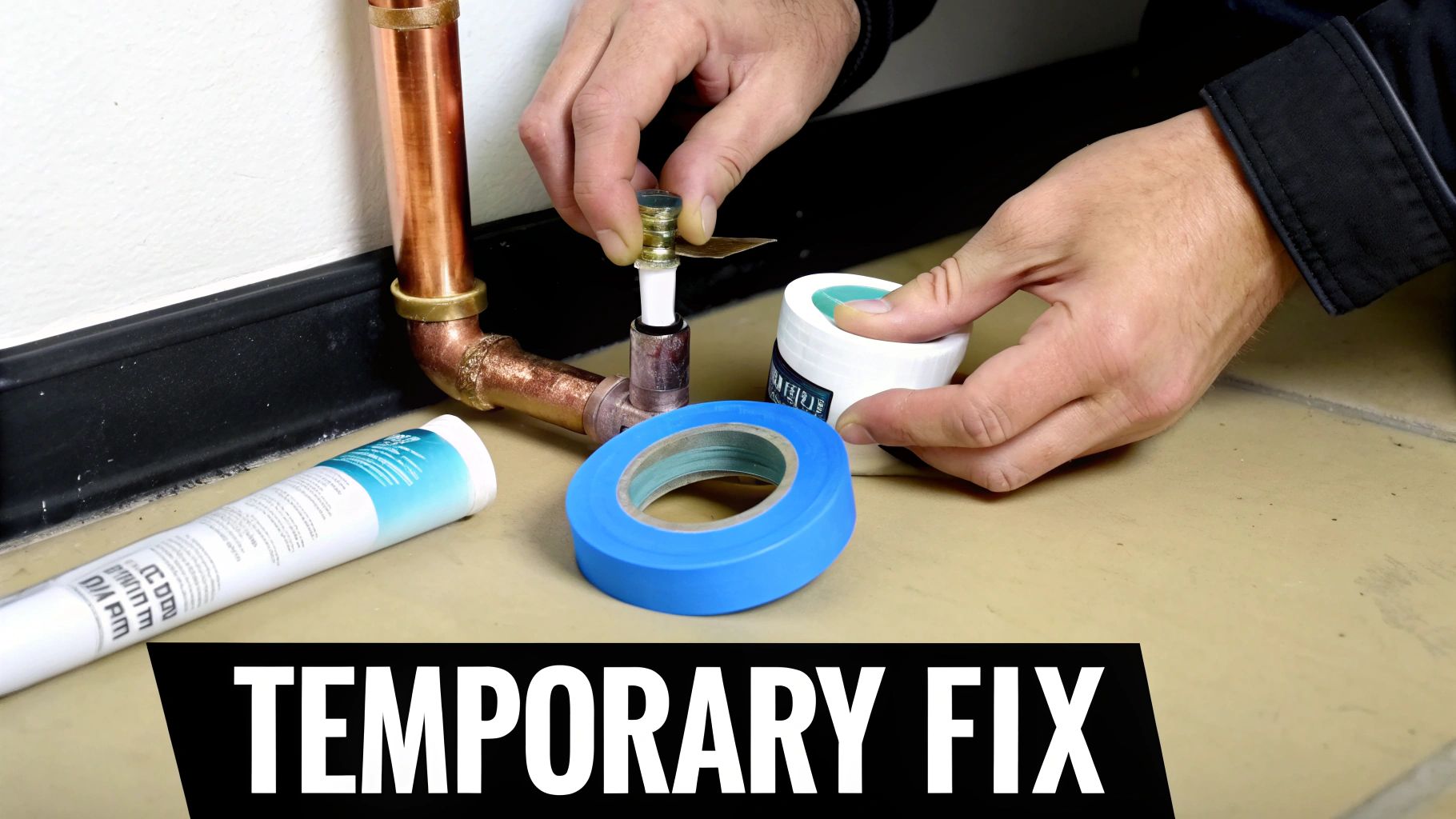 Hands working on a temporary pipe repair with tape and sealant for a leak.