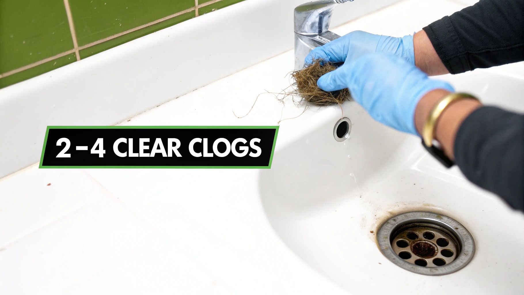 A person wearing rubber gloves using a plunger in a kitchen sink, demonstrating a practical method to unblock a pipe.