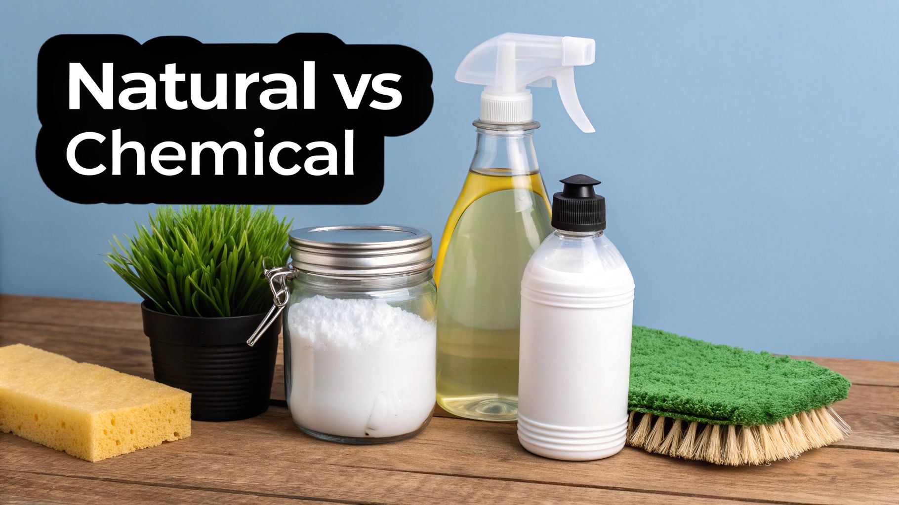 Natural vs Chemical text with baking soda, liquids, sponge, and brush for cleaning.