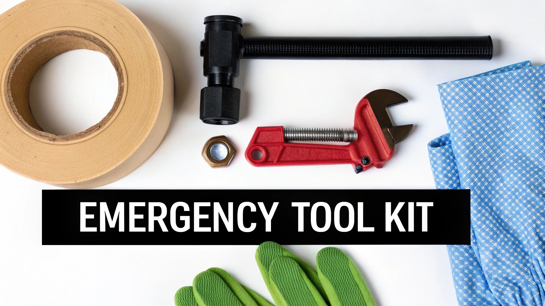 A flat lay of an emergency tool kit including tape, a pipe cutter, gloves, and a wrench.