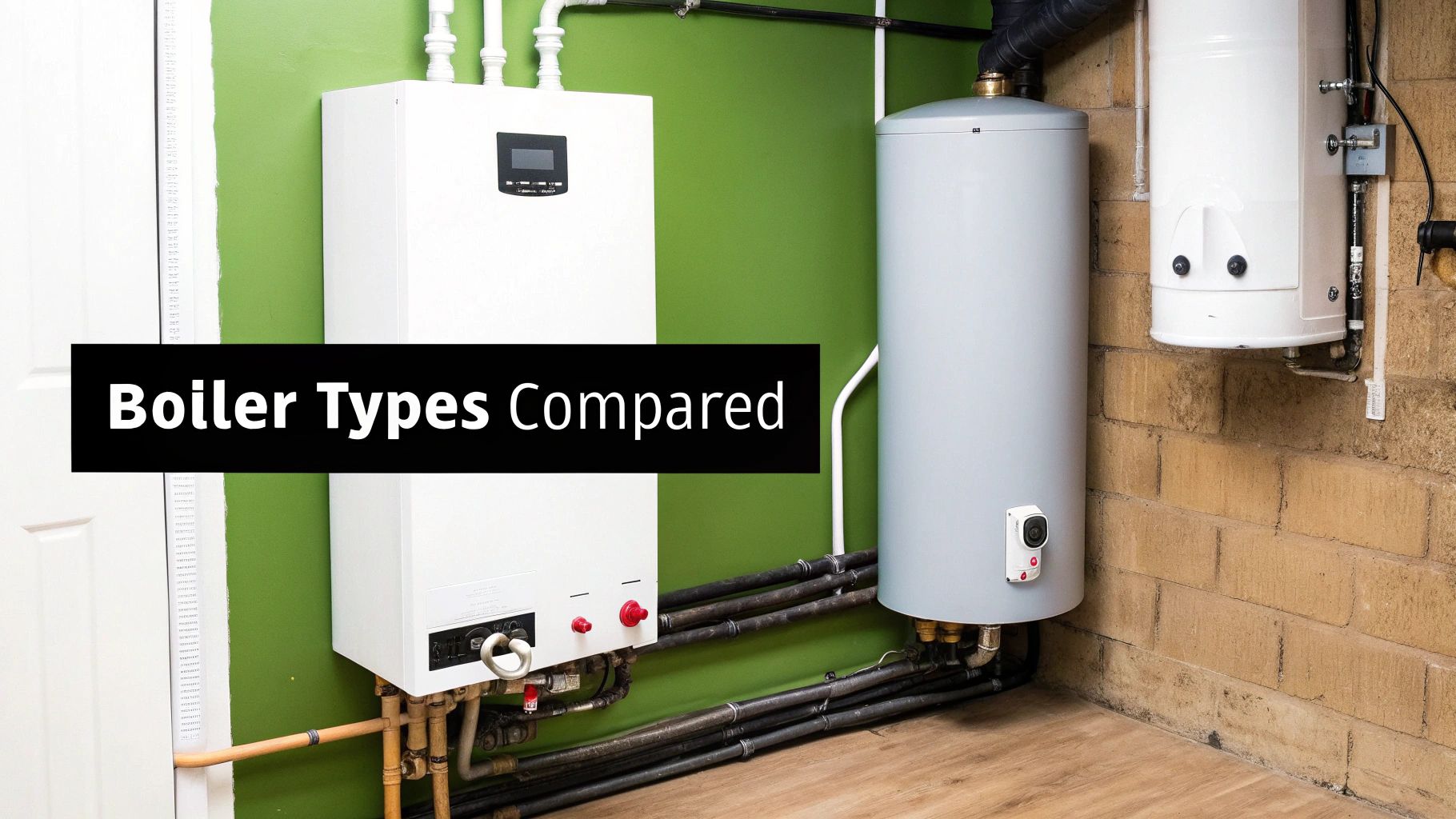 Modern heating system installation showing different boiler types mounted on wall with connected pipes