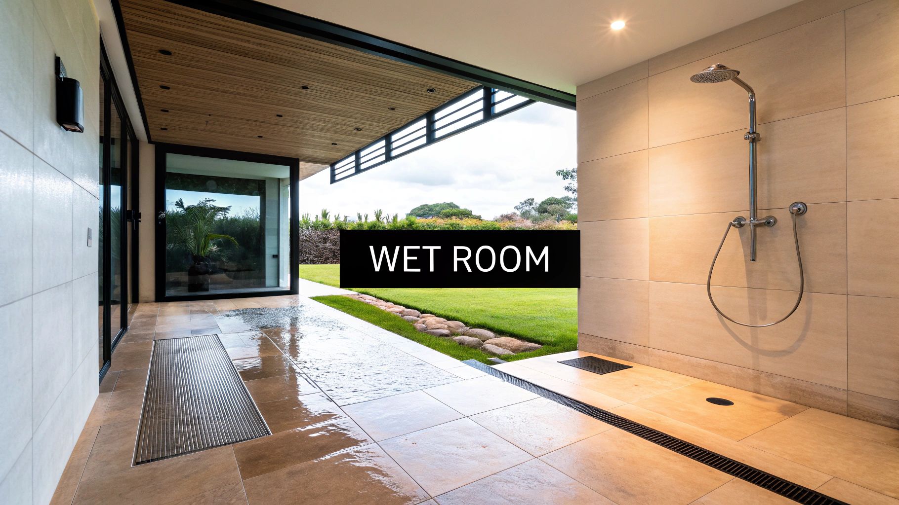 A modern outdoor wet room featuring a sleek shower, tiled walls and floor, and a beautiful garden view.