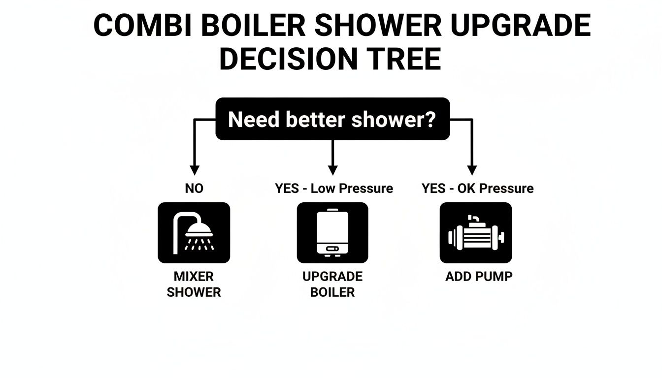 Decision tree for combi boiler shower upgrade, guiding choices based on pressure needs.