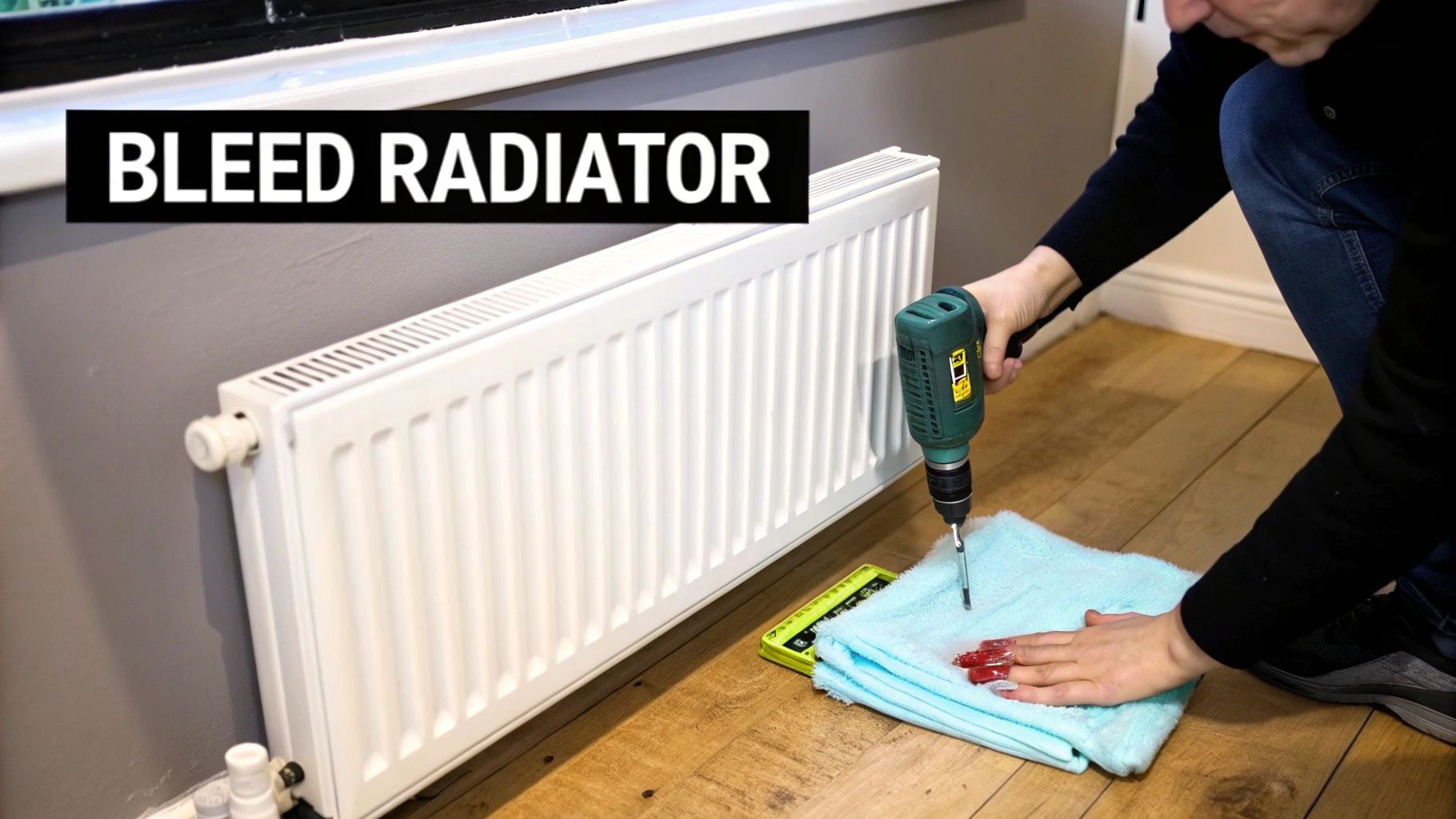 A person flushing a radiator outdoors with a hosepipe.