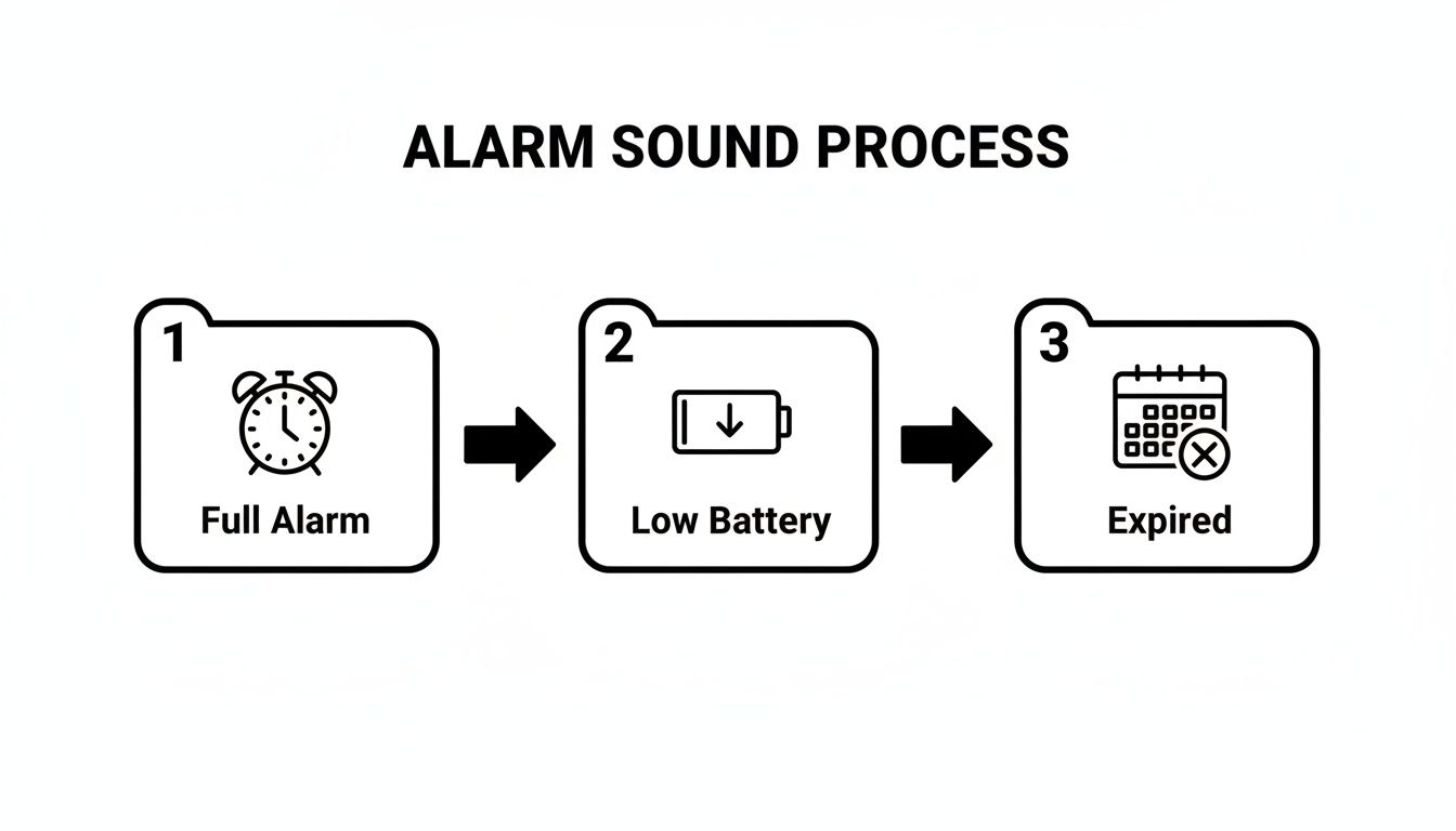 Flowchart illustrating the alarm sound process: full alarm, low battery, and expired states.