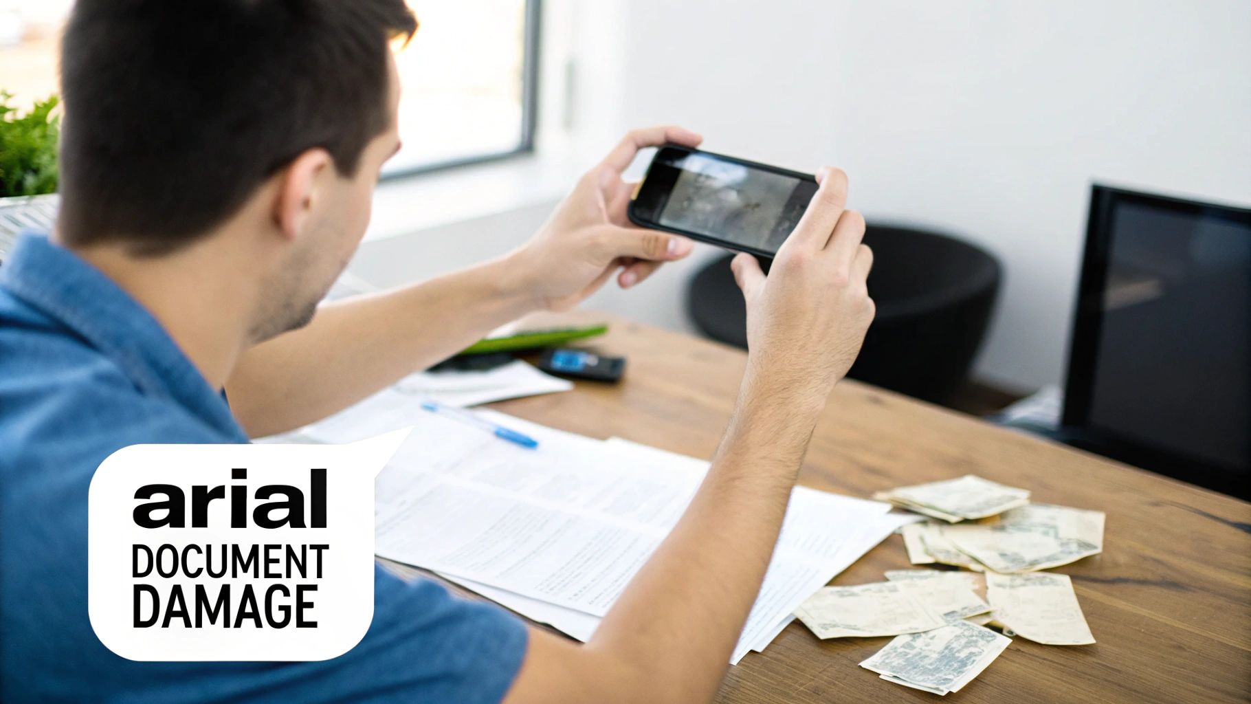 A man photographs paper documents and cash spread on a wooden desk with his smartphone.