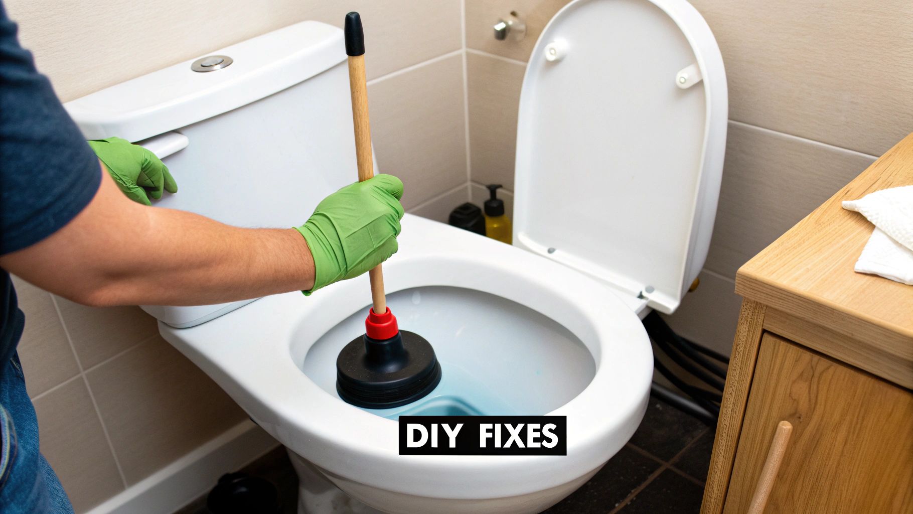 A person wearing green gloves plunges a toilet with blue water in the bowl.