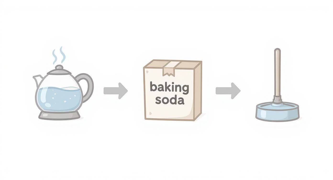 A sequence of images showing a kettle of boiling water, a box of baking soda, and a plunger, suggesting drain cleaning.
