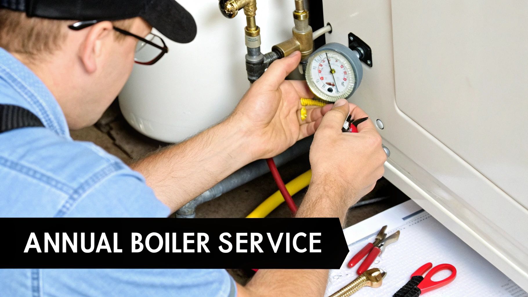 A technician performs annual boiler service, adjusting a pressure gauge and inspecting wiring on a boiler.