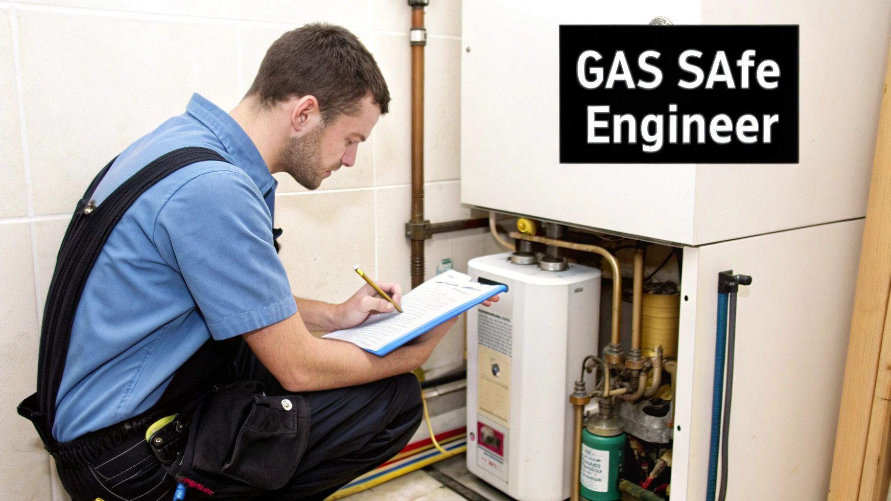 A Gas Safe engineer inspecting a gas boiler or water heater, writing notes on a clipboard.
