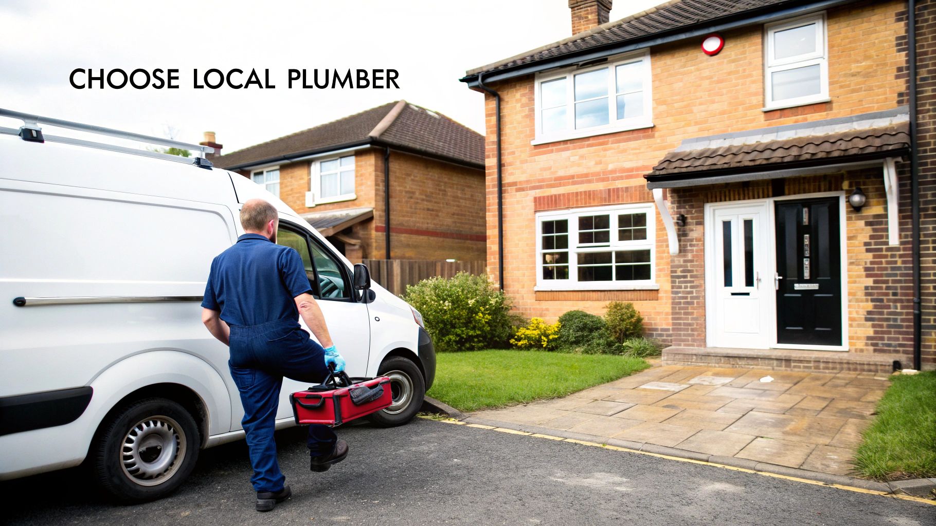 A plumber in blue uniform carries a red toolbox towards a brick house, with a white van parked. Text: 'CHOOSE LOCAL PLUMBER'.