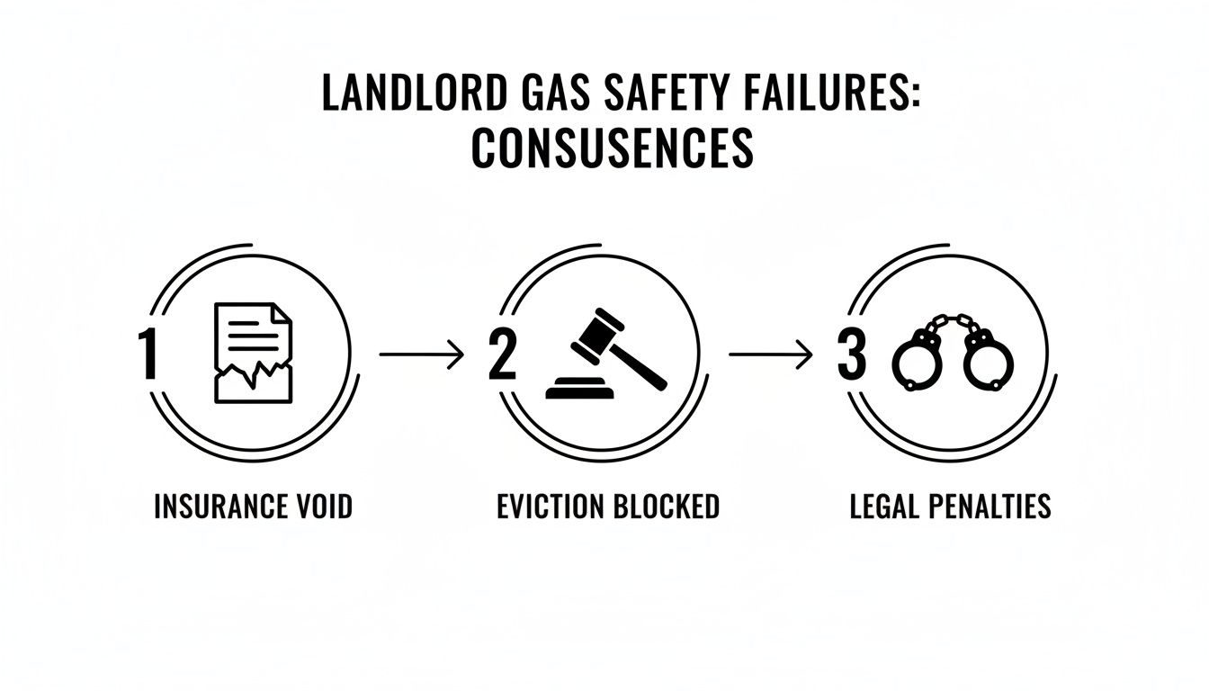 Infographic detailing three consequences of landlord gas safety failures: insurance void, eviction blocked, legal penalties.