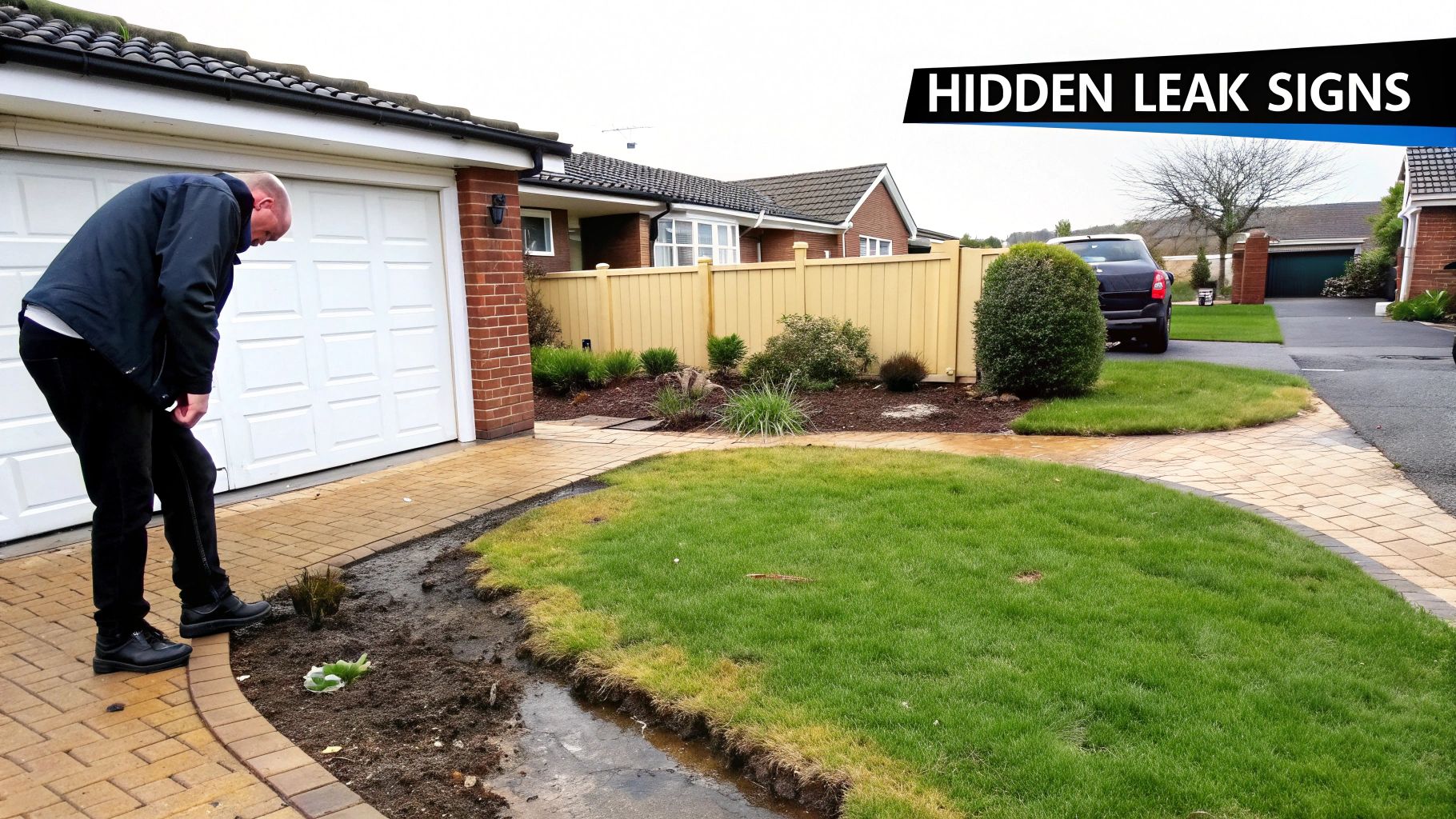 A man inspects a muddy, wet patch of ground next to a house, indicating a potential hidden water leak.