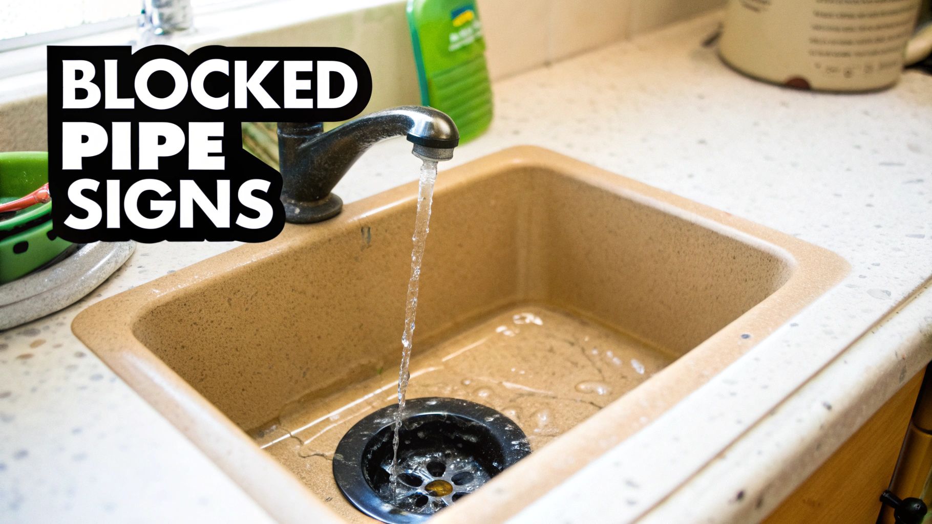 A close-up of a kitchen sink with water draining slowly, indicating a potential blockage.