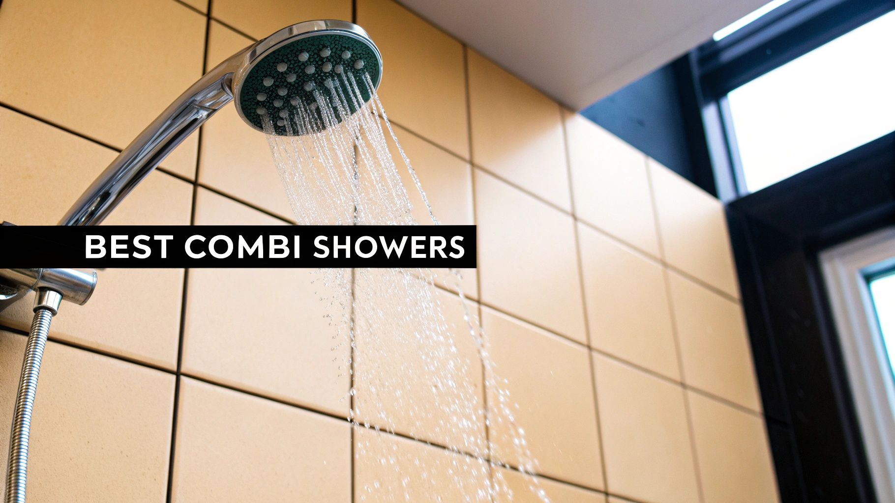 A chrome shower head sprays water in a tiled bathroom, with text 'BEST COMBI SHOWERS'.