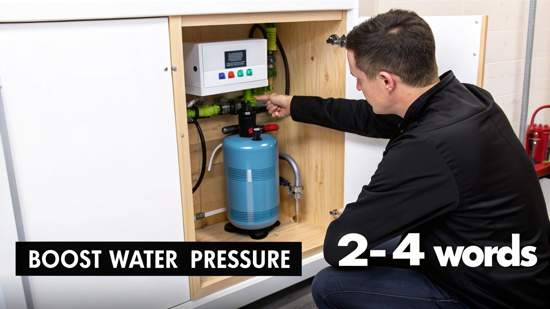 A man adjusts a domestic water pressure boosting system with a blue tank inside a wooden cabinet.