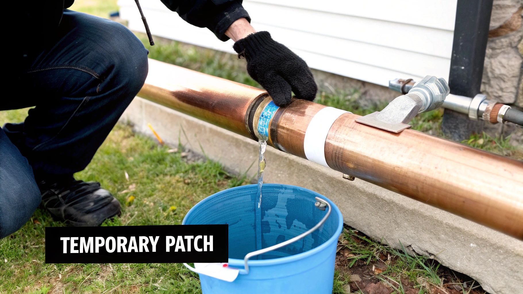 A person wearing gloves applies a temporary patch to a leaking copper pipe, with water dripping into a blue bucket.