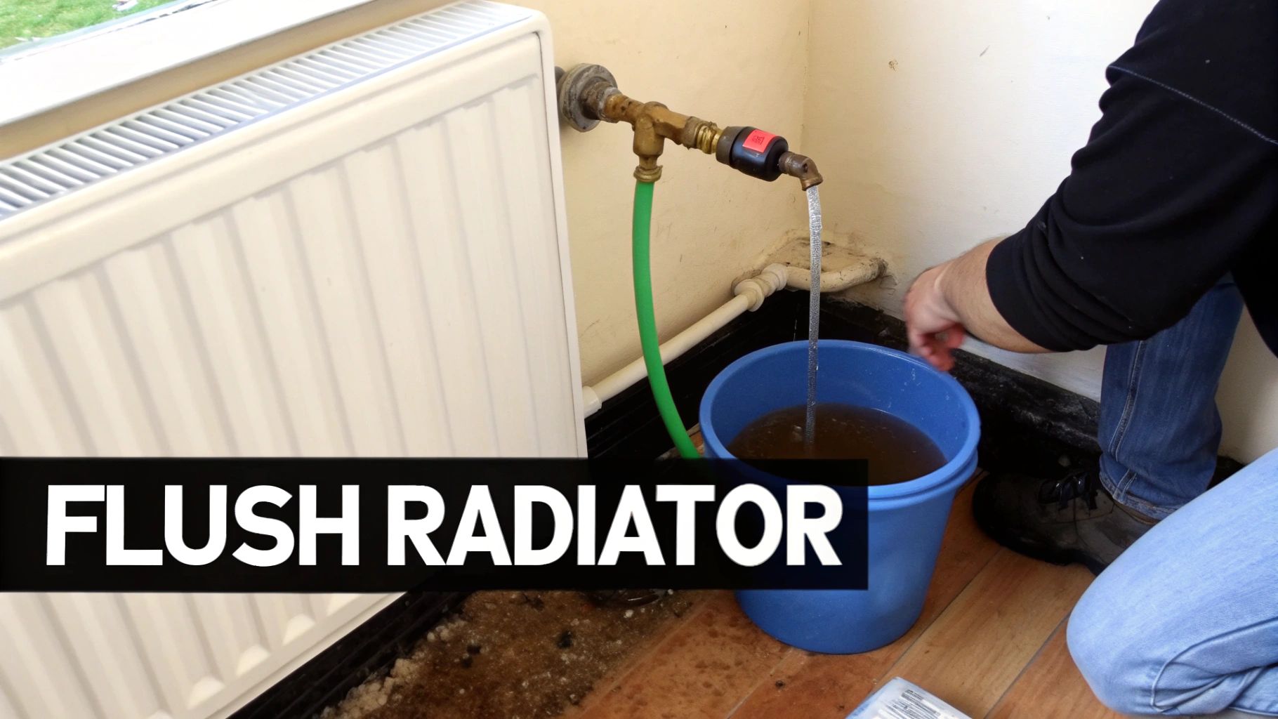 A person adjusting a radiator lockshield valve with a spanner.