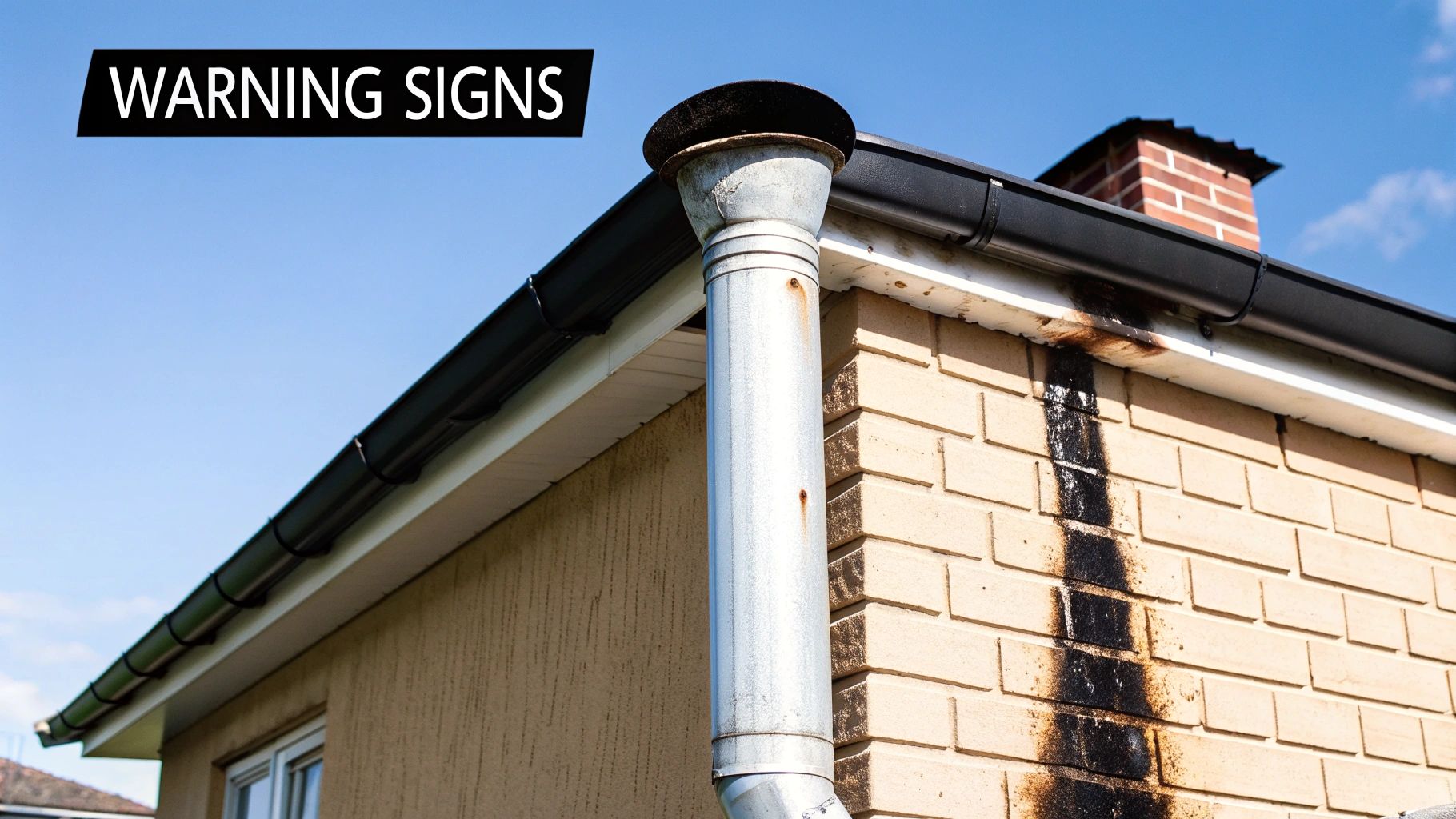 Dark soot streaks from a boiler flue pipe on a house's brick wall, showing warning signs.