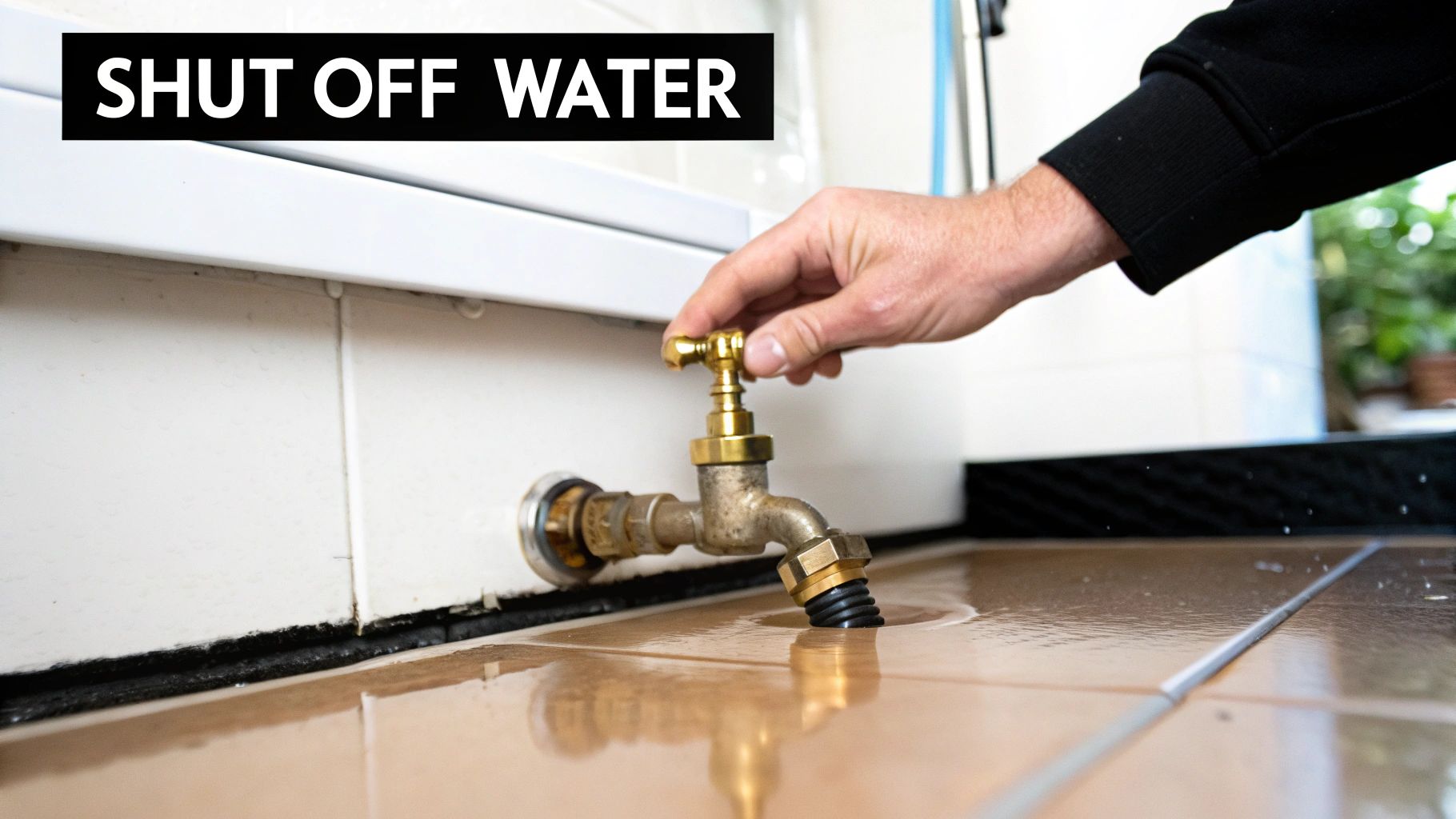 A hand turns a brass water tap, with a watery tiled floor and text "SHUT OFF WATER".