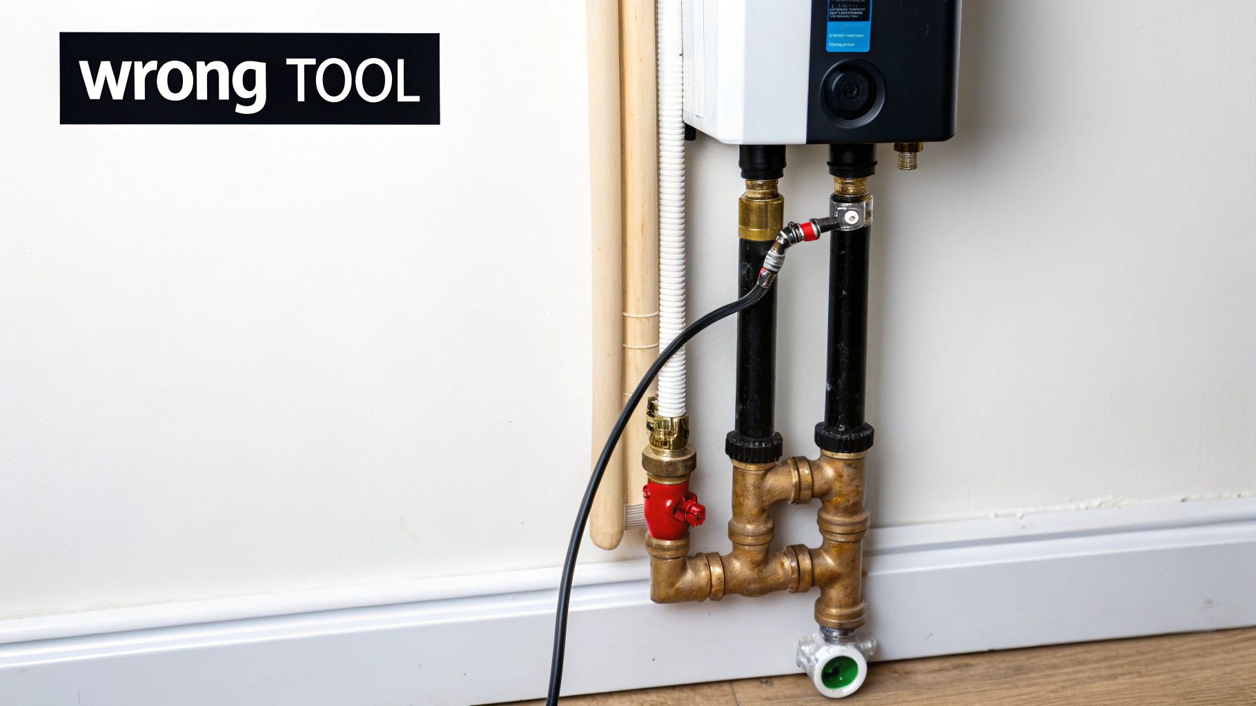 Detail of a wall-mounted boiler or water heater with copper and black pipes, a red valve, and a 'wrong TOOL' sign.
