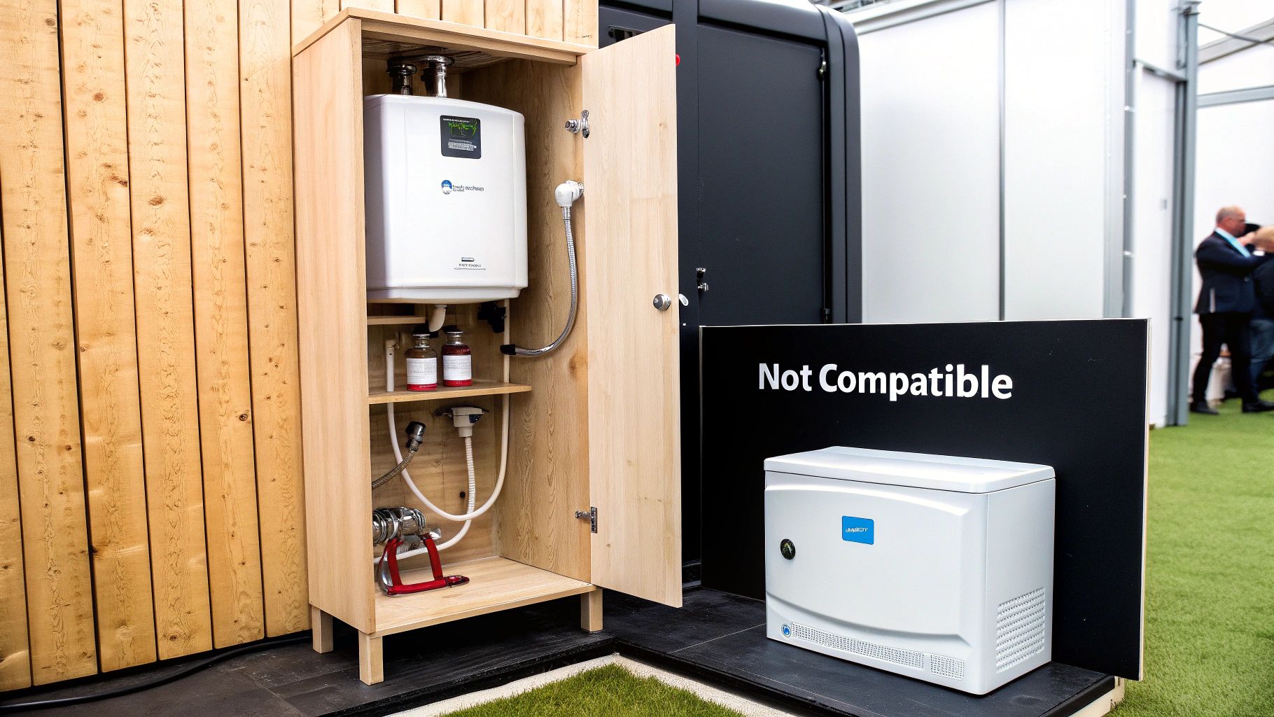 A wooden cabinet showcasing a water heater, plumbing, and bottles, next to a 'Not Compatible' sign and a white unit.