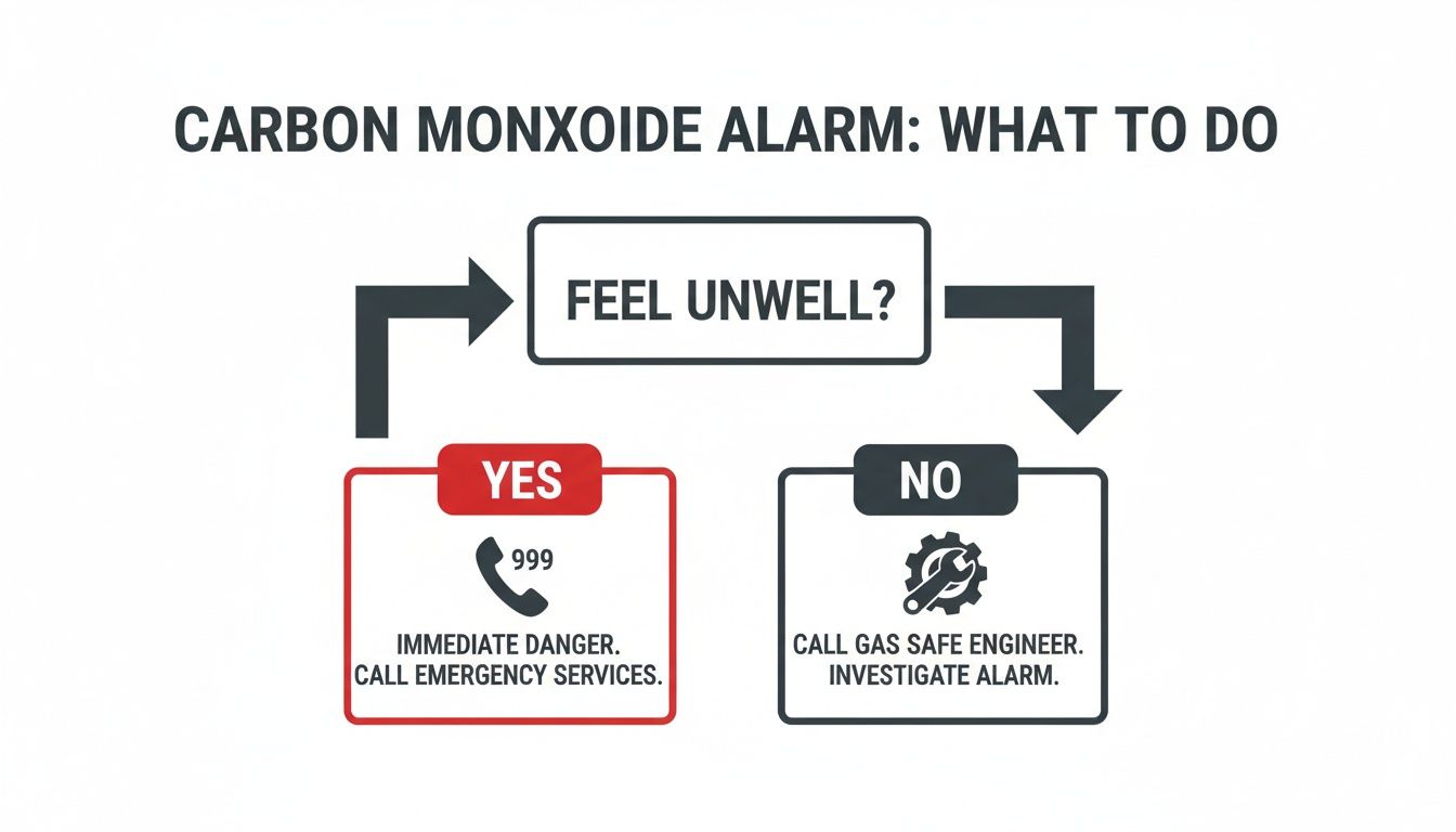 A flowchart illustrating actions to take when a carbon monoxide alarm sounds, guiding users based on feeling unwell.