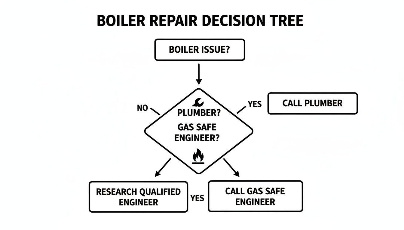 Flowchart illustrating boiler repair decisions, guiding whether to call a plumber or a gas engineer.