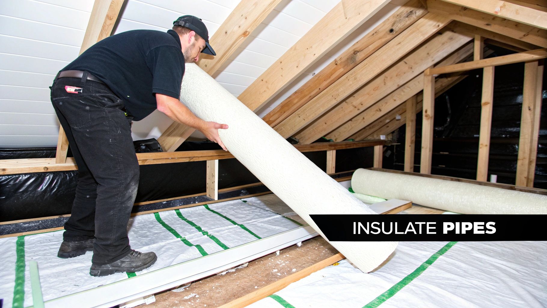 A man in a cap carries a large roll of insulation material in an attic space.