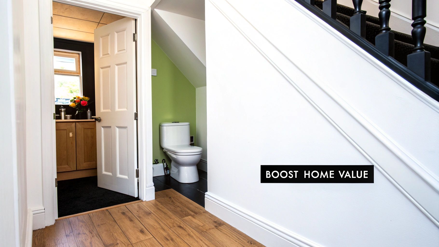 A modern and compact downstairs toilet with a small sink, stylishly decorated.