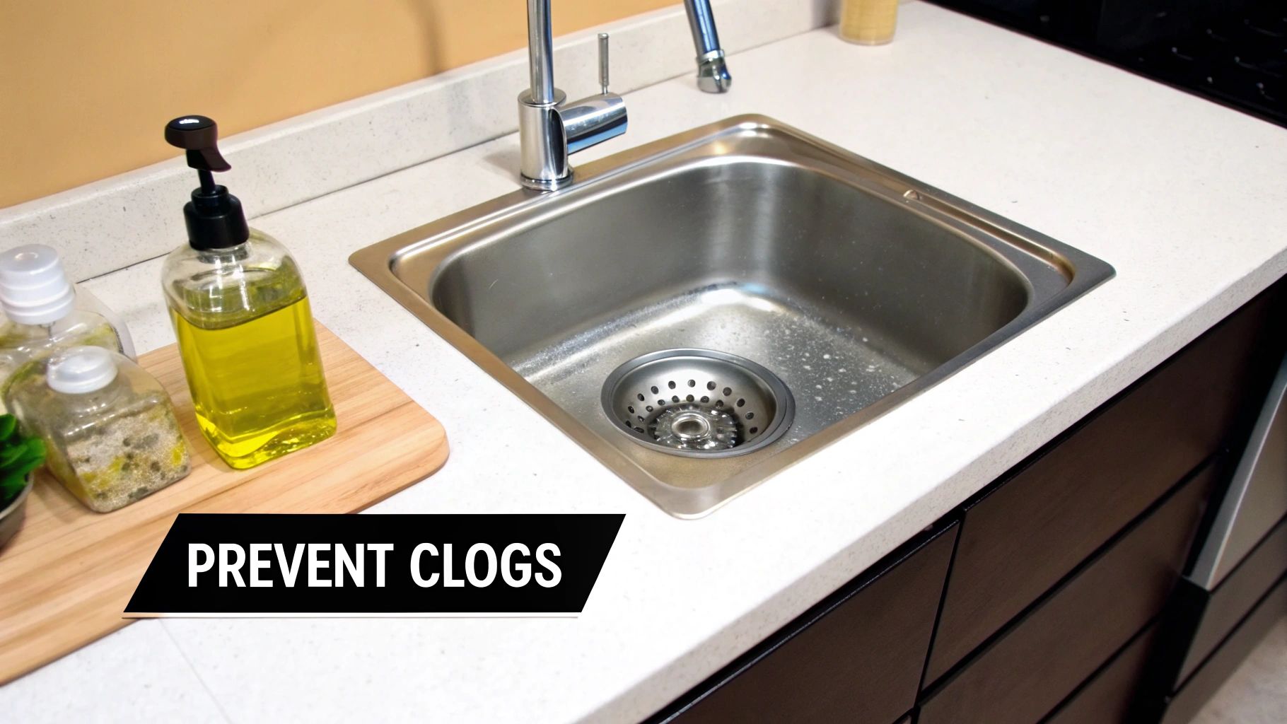 A drain screen in a kitchen sink catching food particles.