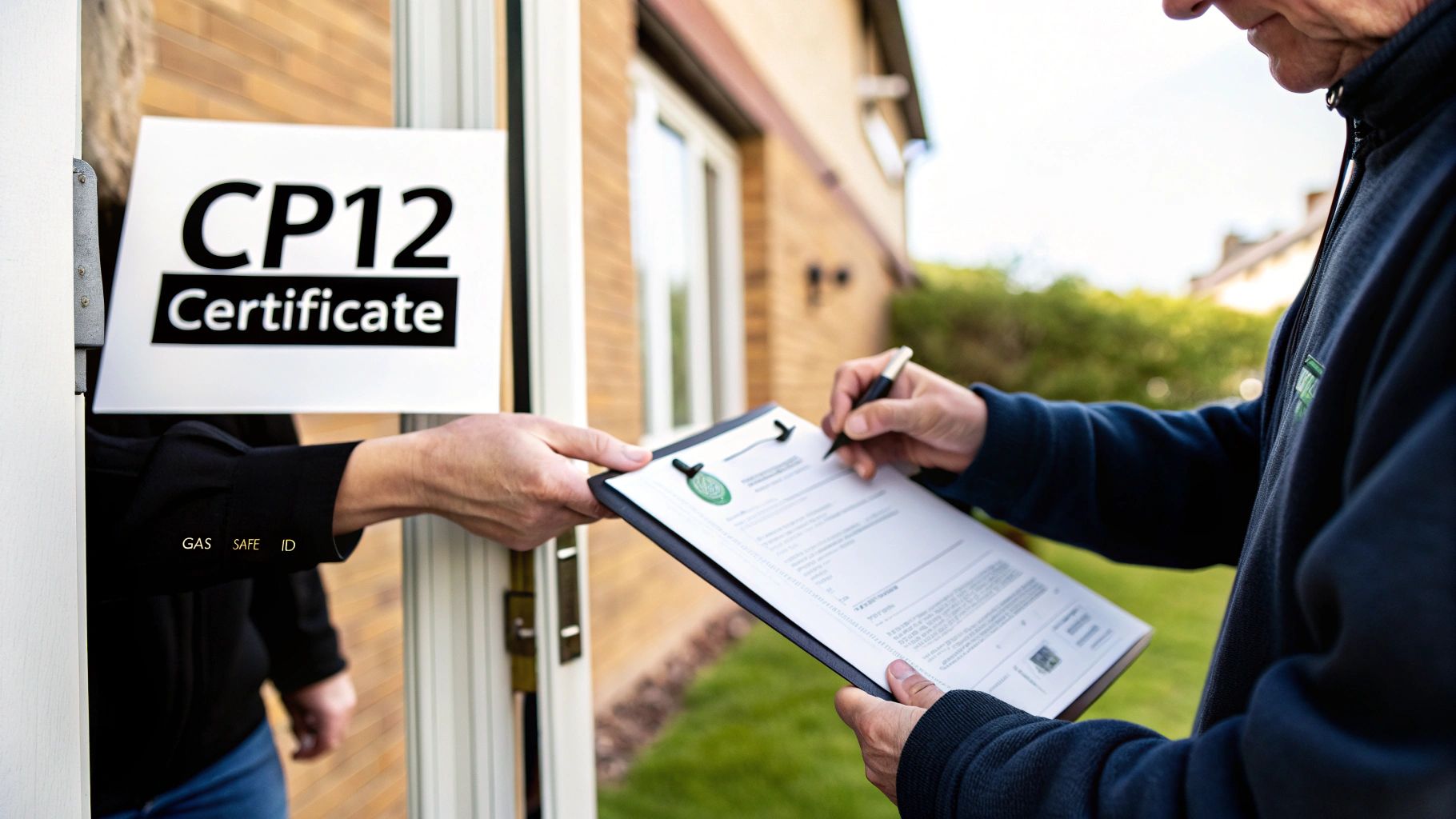 Technician signing a CP12 Gas Safety Certificate while handing it to a homeowner at their doorstep.