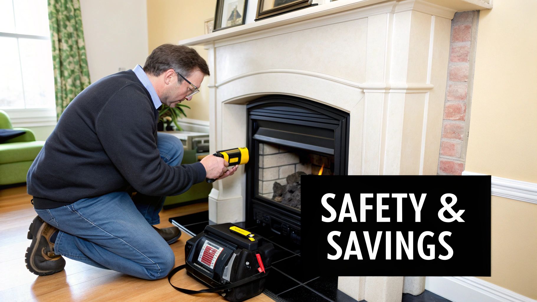 Man kneeling and inspecting a lit gas fireplace with a tool for safety and savings.