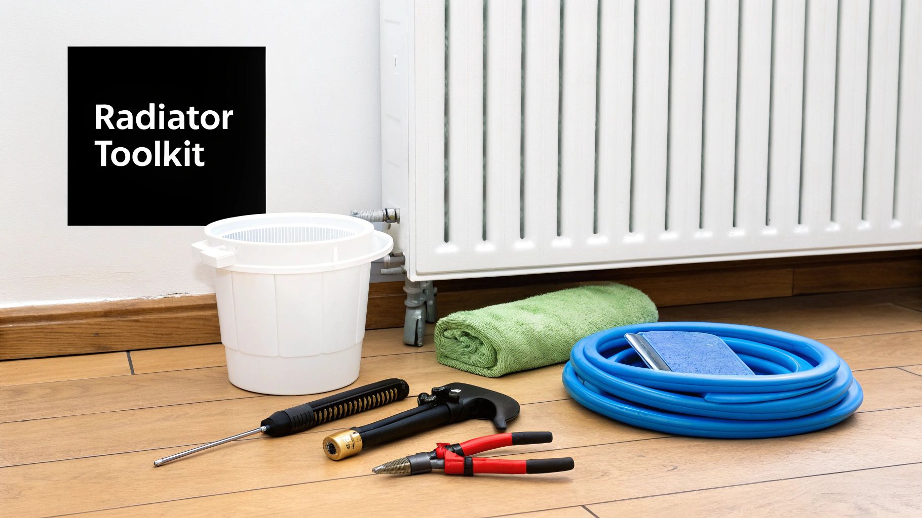 A radiator toolkit laid out on a wooden floor, including various tools, a bucket, towel, and hose.