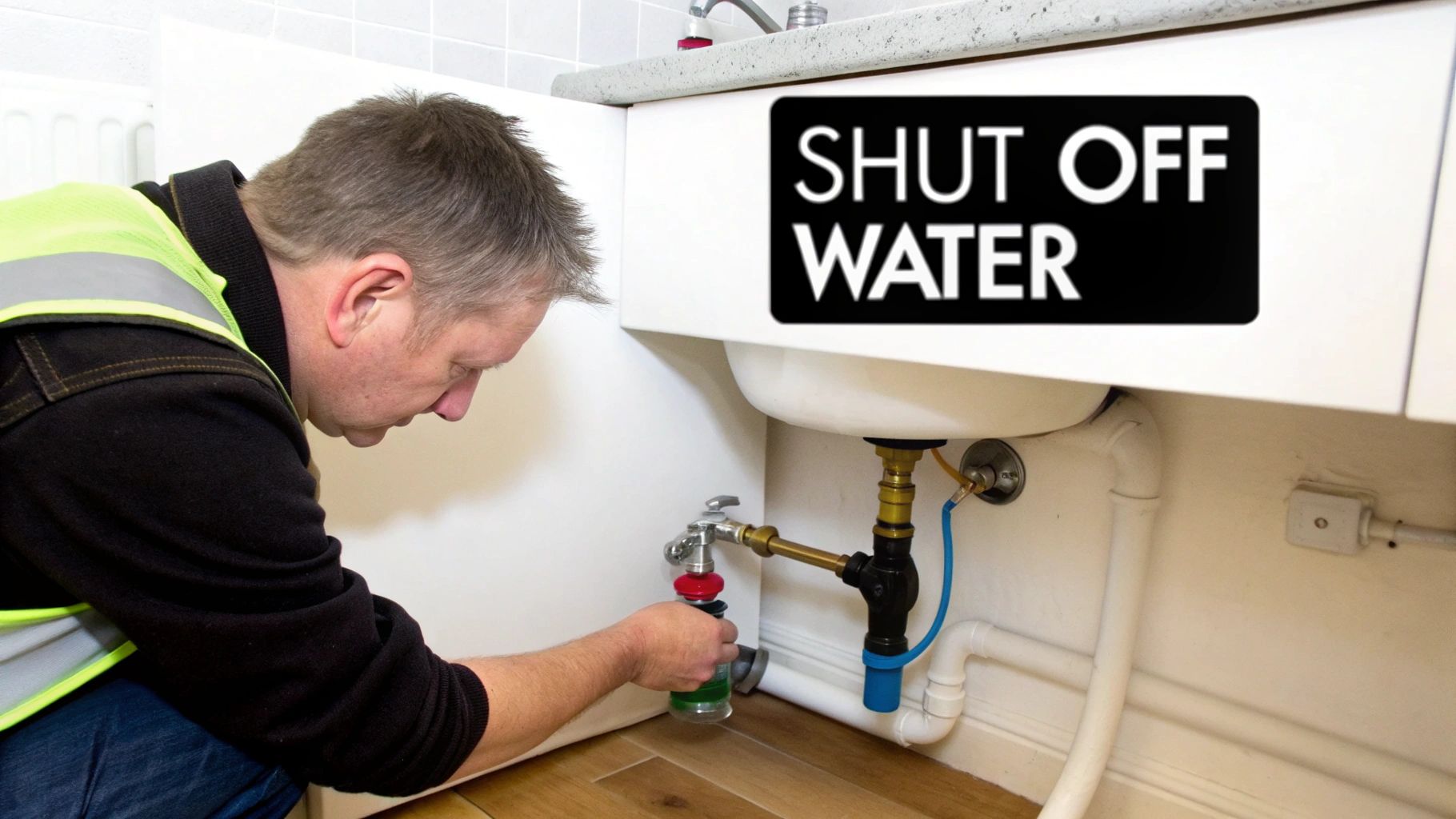 A plumber works on pipes under a sink, with a 'SHUT OFF WATER' sign overhead.