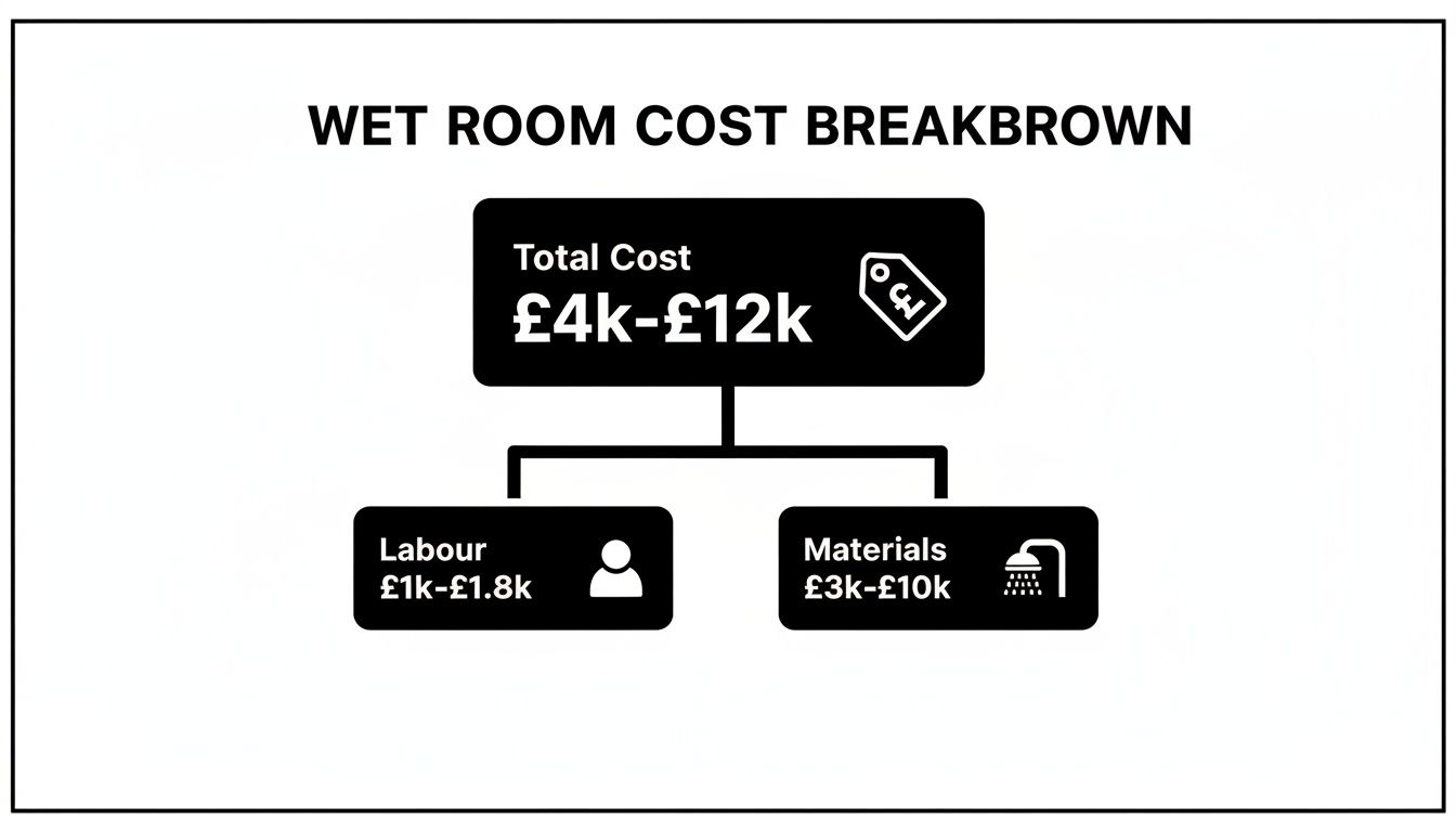 A black and white infographic detailing the cost breakdown for a wet room installation, including total, labour, and materials.