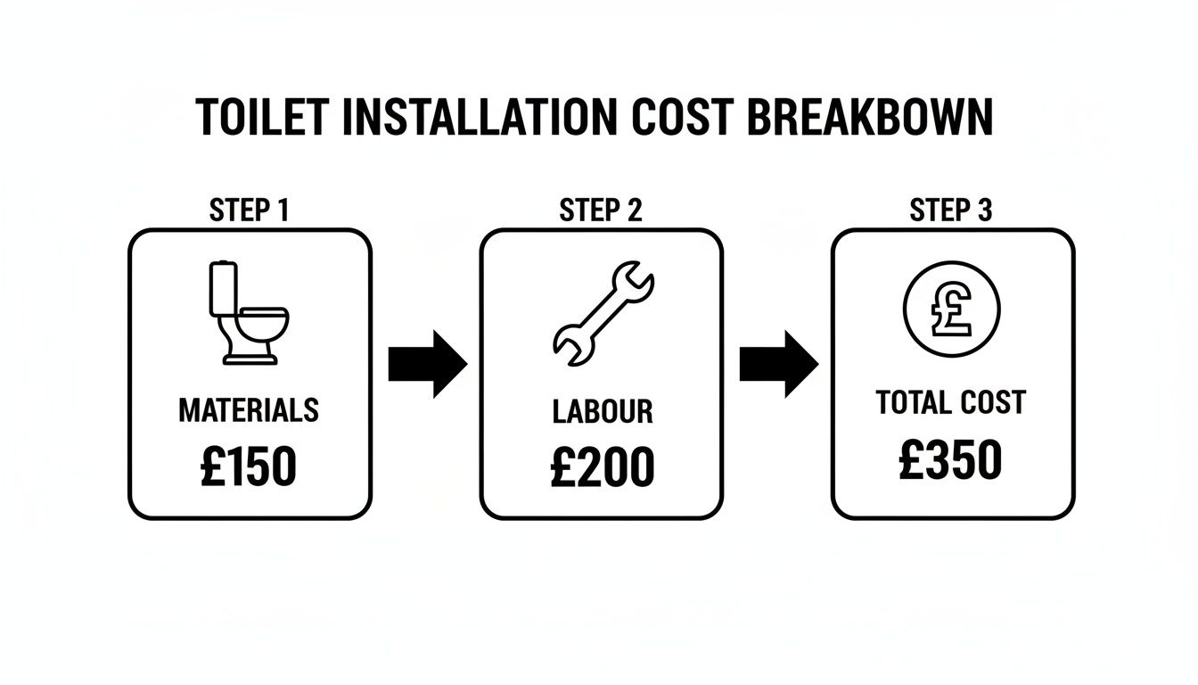 A diagram illustrating the cost breakdown for toilet installation: materials (£150), labour (£200), and a total cost of £350.