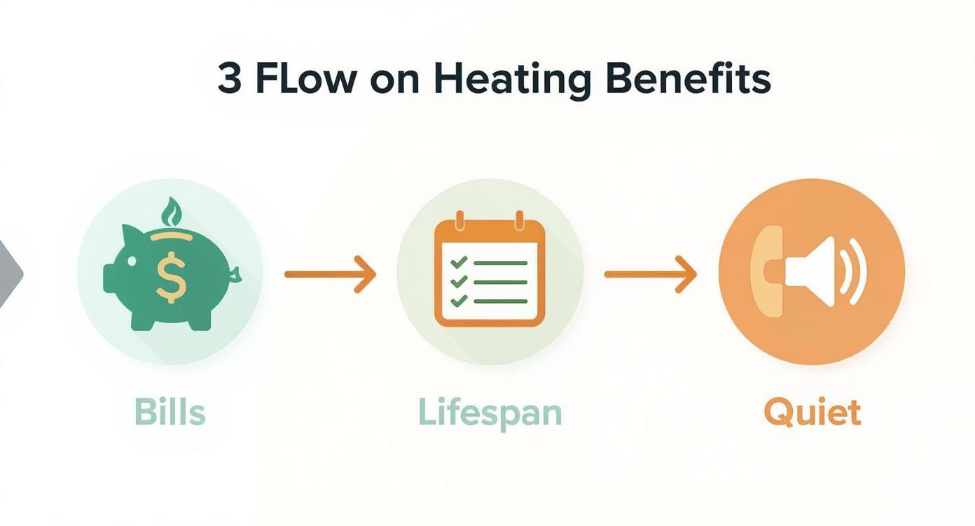 Infographic showing that central heating inhibitor leads to lower bills, a longer system lifespan, and quieter operation.