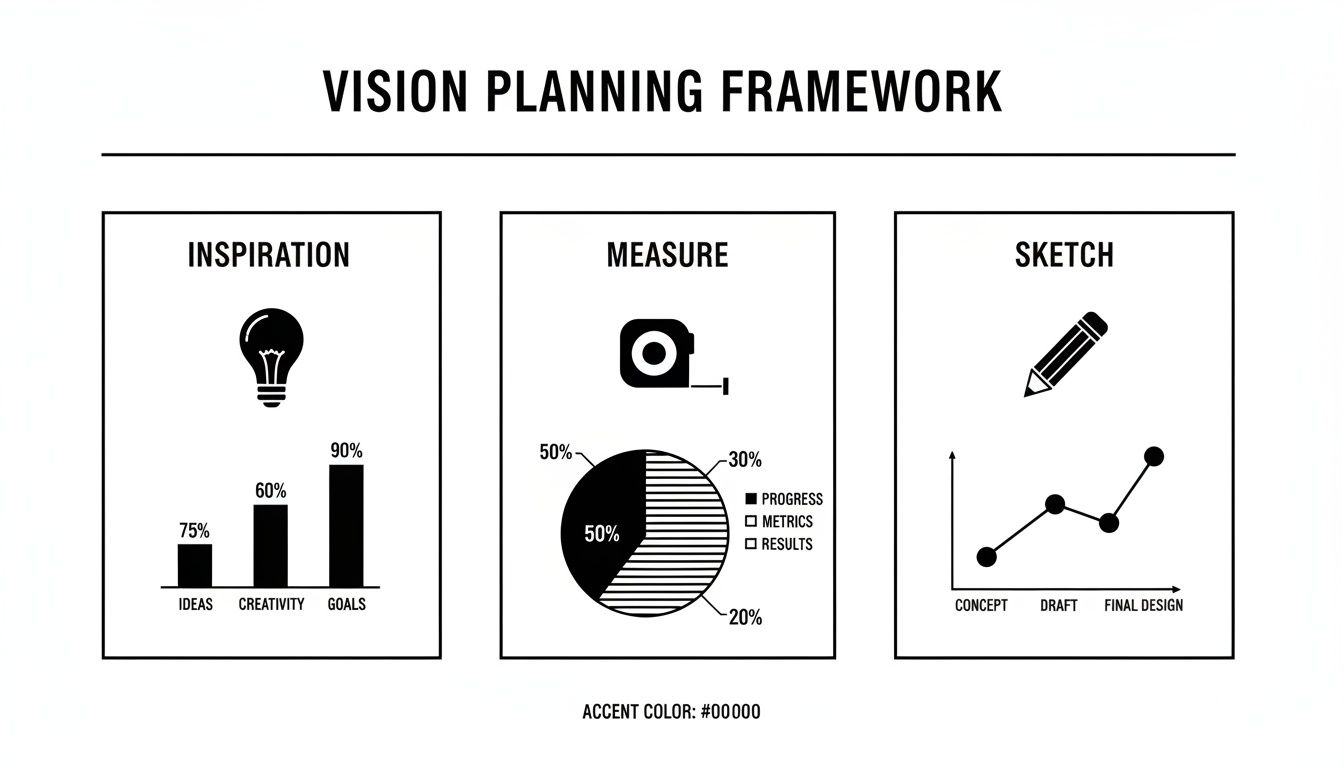 Vision Planning Framework infographic with sections for Inspiration, Measure, and Sketch, including various charts and icons.