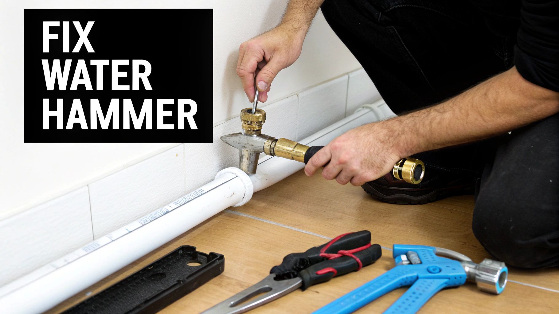 Hands adjusting a brass pipe fitting to fix a water hammer issue with tools nearby.