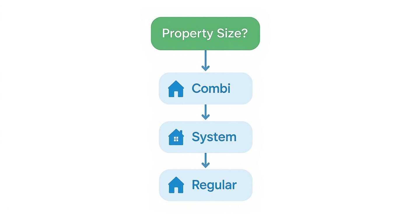 Flow chart showing property size determining boiler type from combi to system to regular