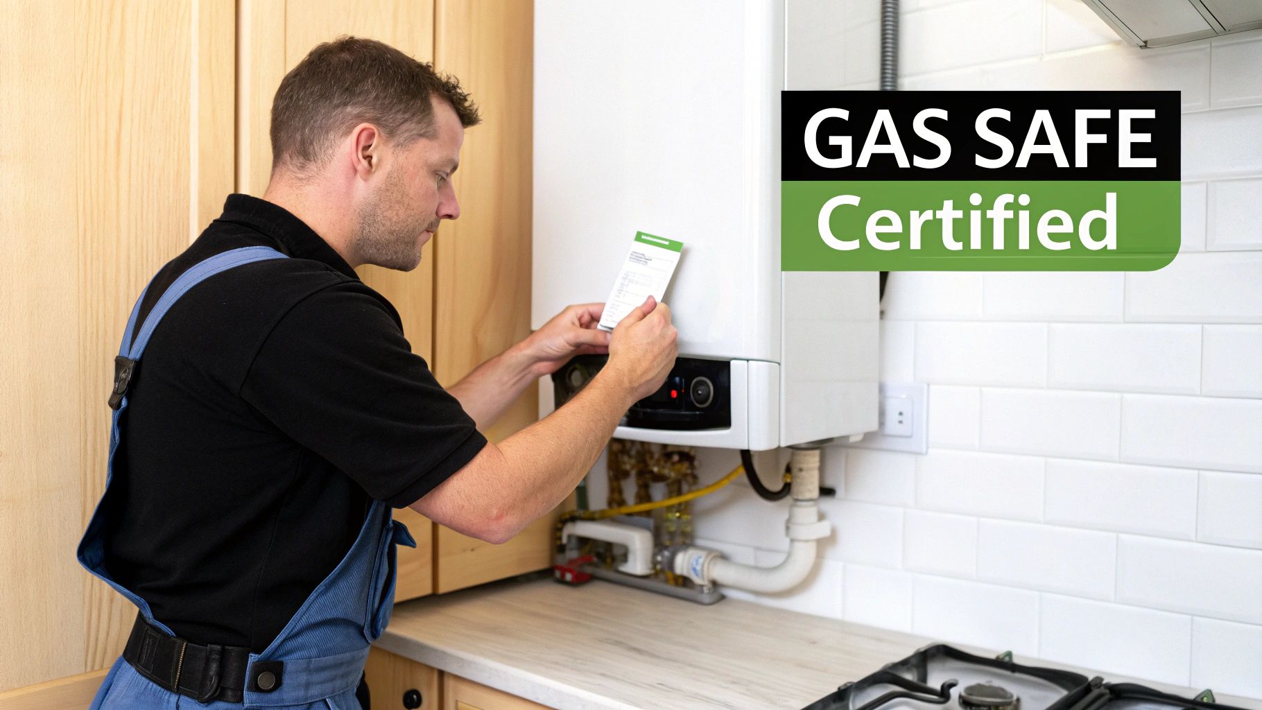 A Gas Safe certified plumber inspects a residential boiler and gas hob in a modern kitchen.