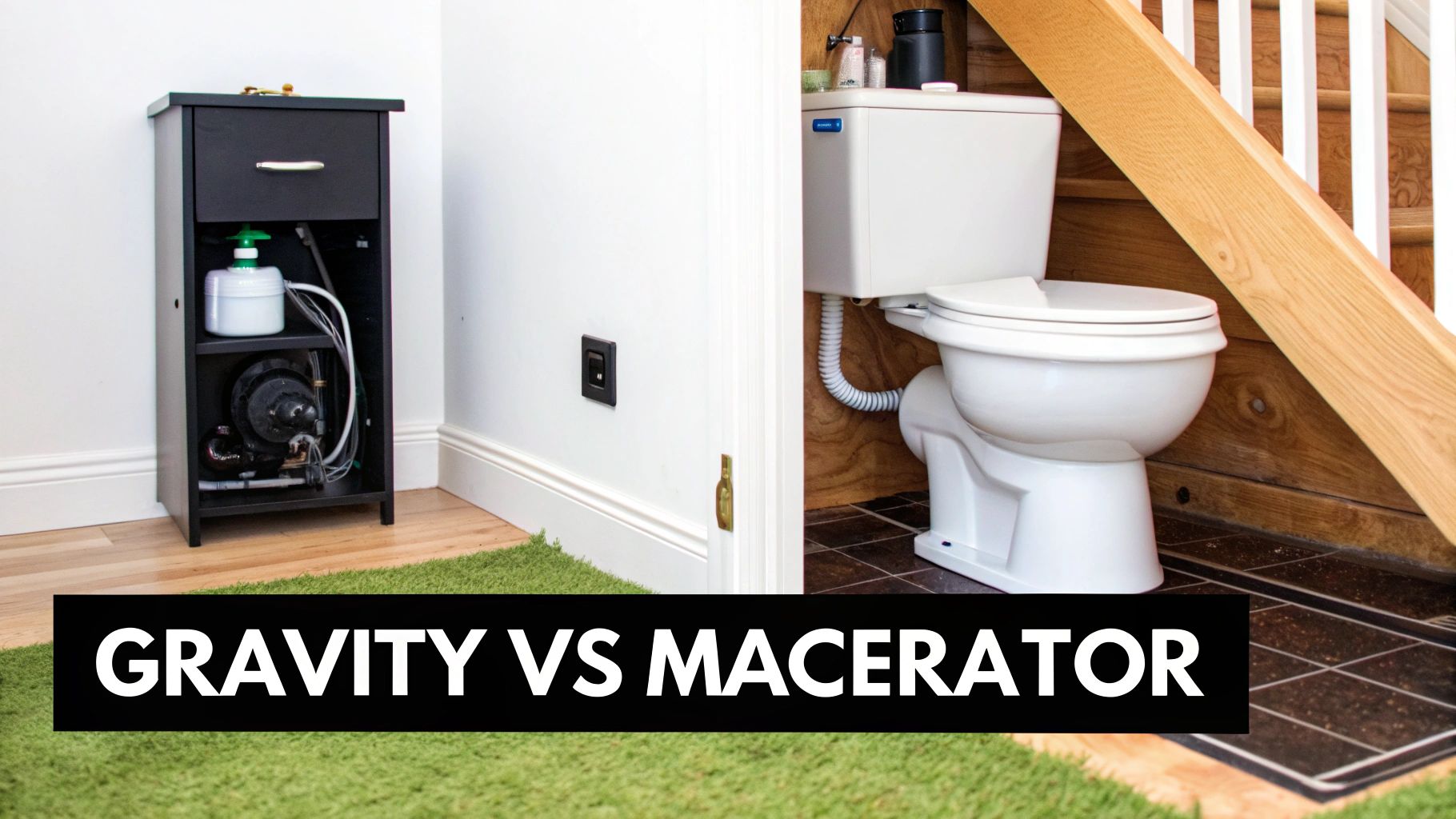 A side-by-side comparison image showing a macerator pump system and a standard gravity-fed toilet.