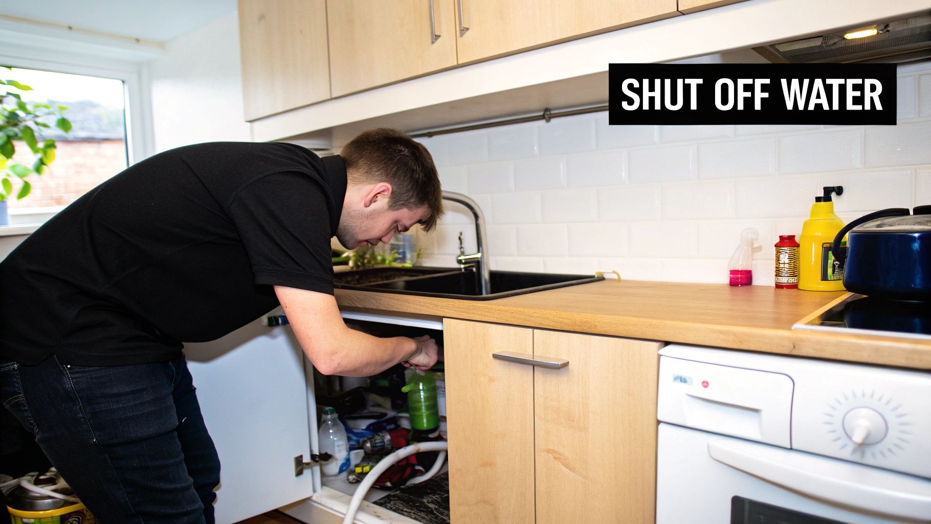 A plumber inspecting a damp patch on a wall to find a leak.