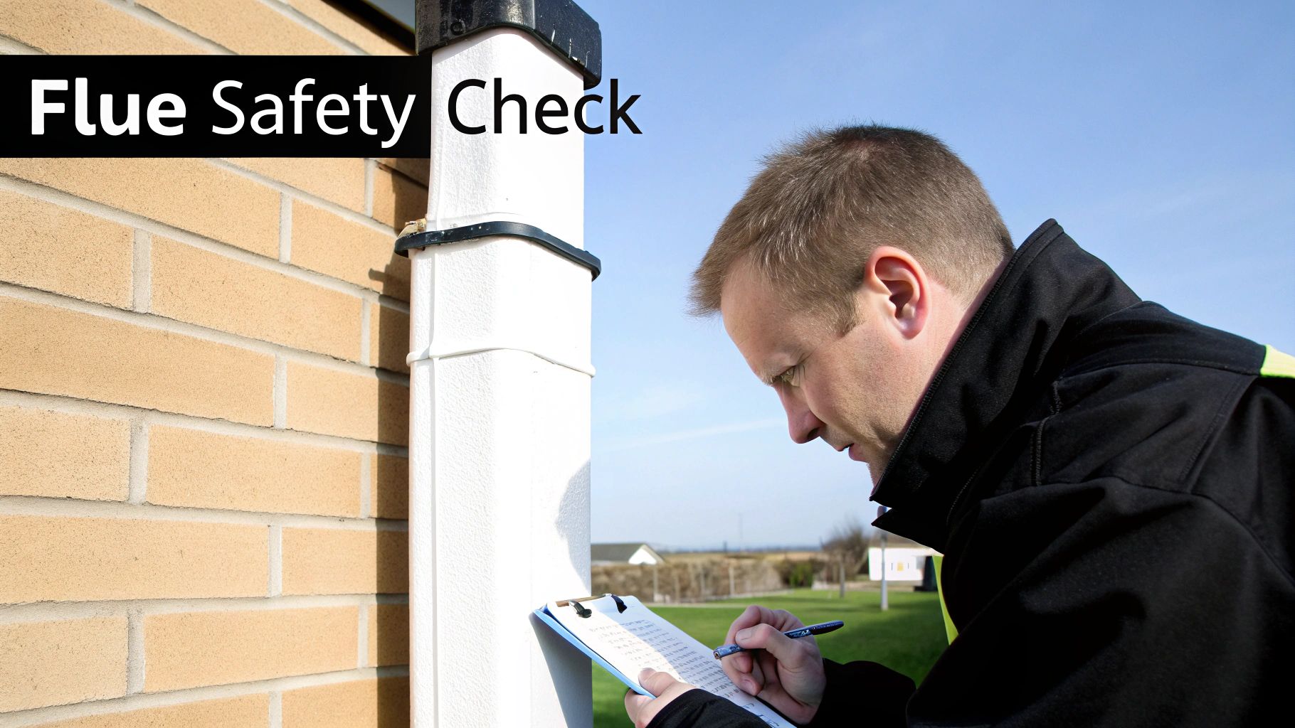 A Gas Safe engineer inspecting a boiler and flue system