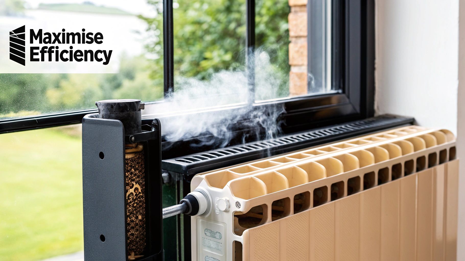 Modern beige radiator with steam rising near window featuring maximise efficiency logo and branding
