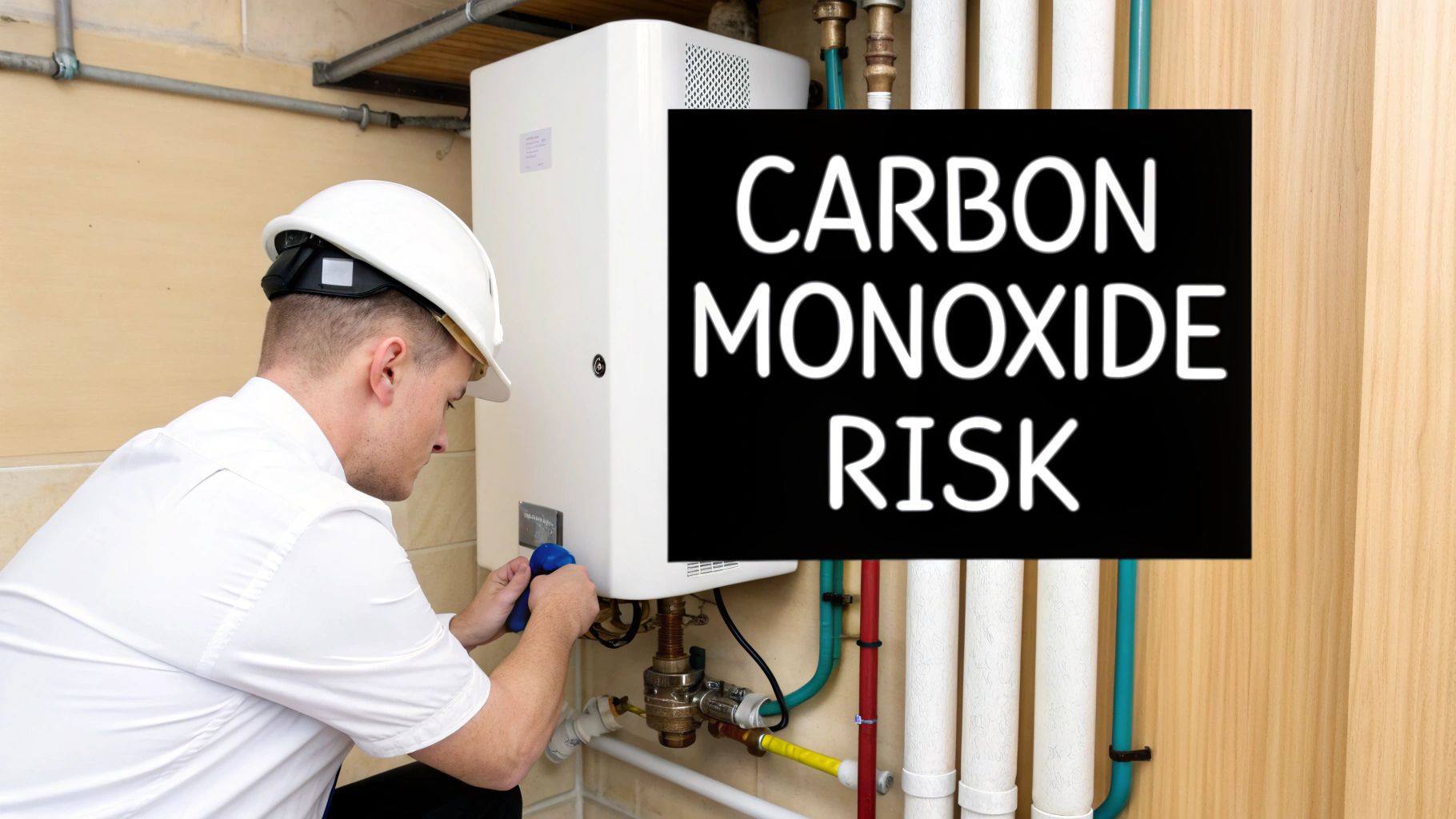 A technician in a hard hat works on a gas water heater, with a 'Carbon Monoxide Risk' warning.