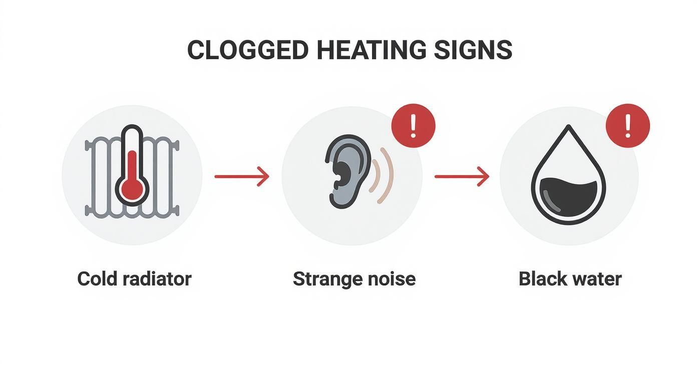 Infographic showing three warning signs of clogged heating system: cold radiator, strange noise, and black water